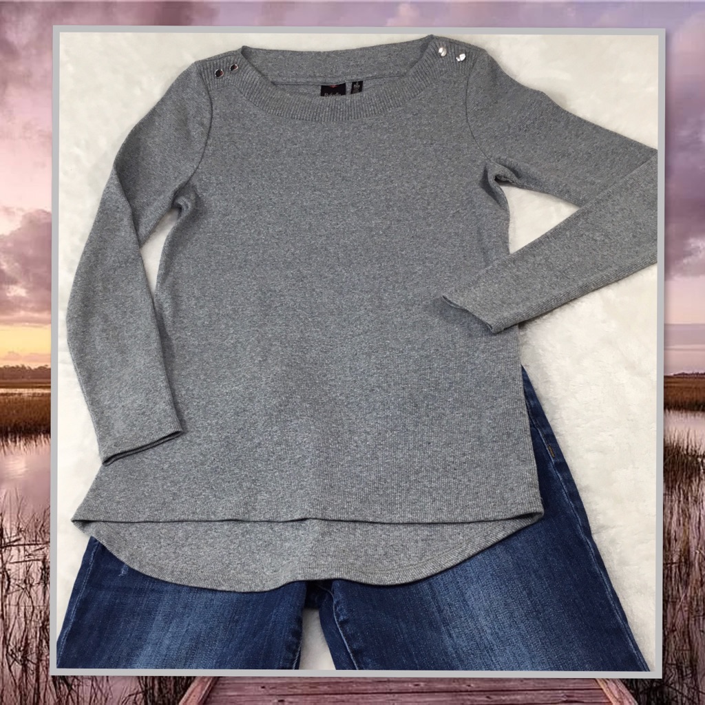 Rafaella Gray Sweater Button Accent On Shoulder S